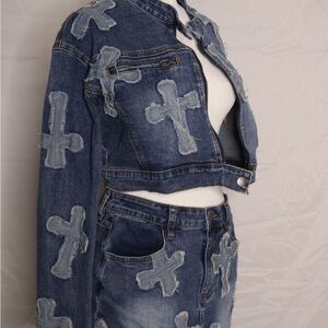 Fashion Nova Blue Denim Jacket and Jeans with Cross Details